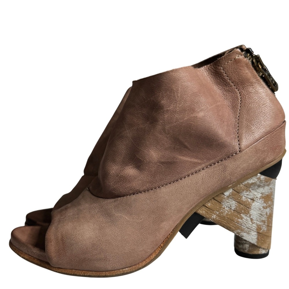 AS.98 Mauve Leather Open Toe Ankle Boots Architectural Heel Booties‎ Womens 38